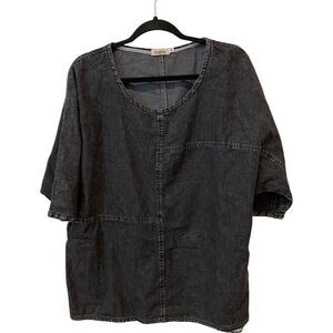 Ursime Womens Blouse XL Black Denim Casual Round Neck Loose 3/4 Sleeves Pullover